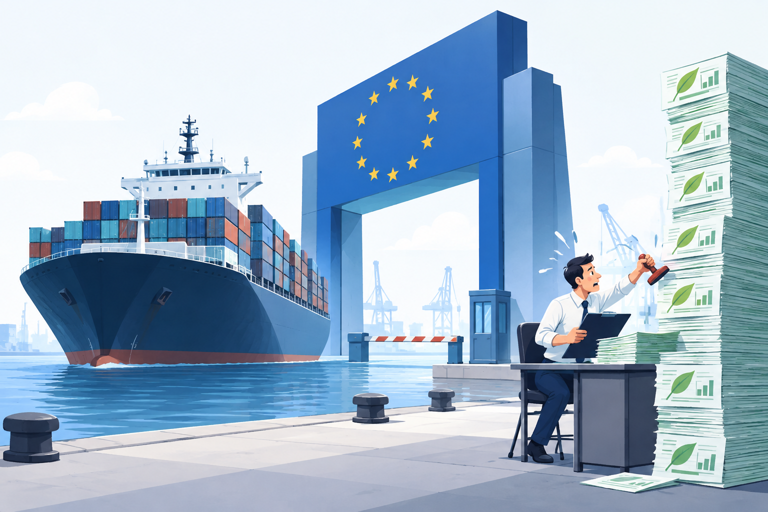 Illustration of a cargo ship and an auditor stamping documents in front of an EU gate