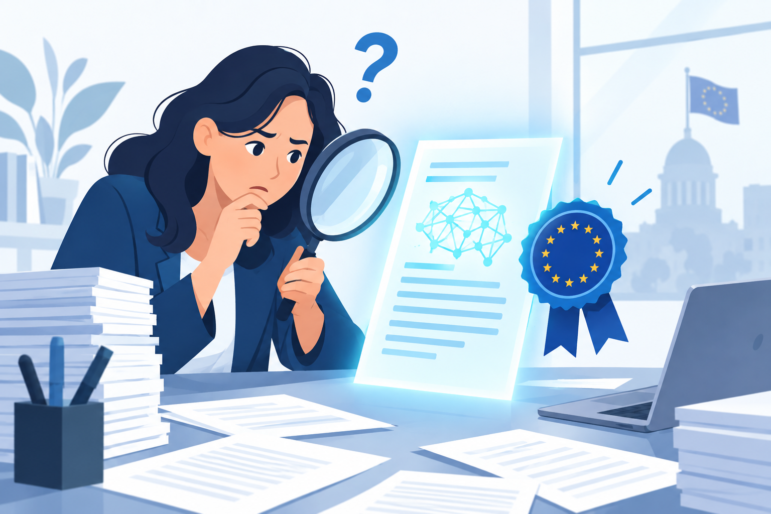Illustration of a marketer examining synthetic AI content for compliance.