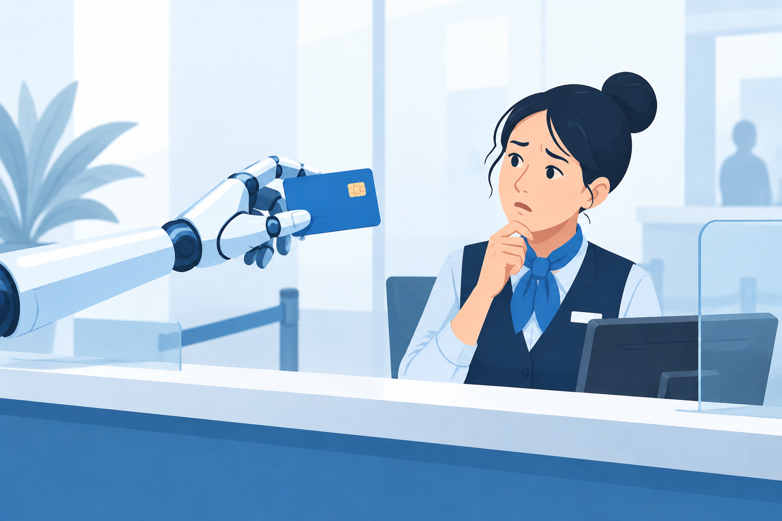 Illustration of a robotic hand holding a credit card toward a bank teller