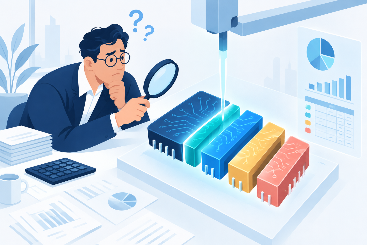 An illustration of an accountant examining a sliced glowing computer chip